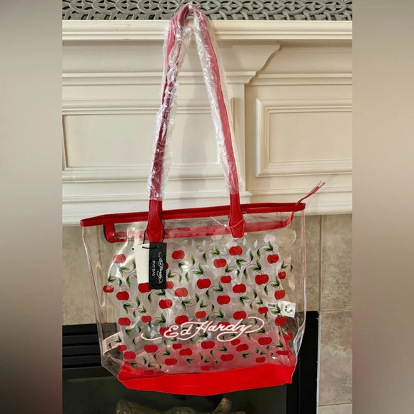 NWT Ed Hardy Y2K Brand PVC Clear Large Two Sided Cherry Print Tote - Picture 2 of 10